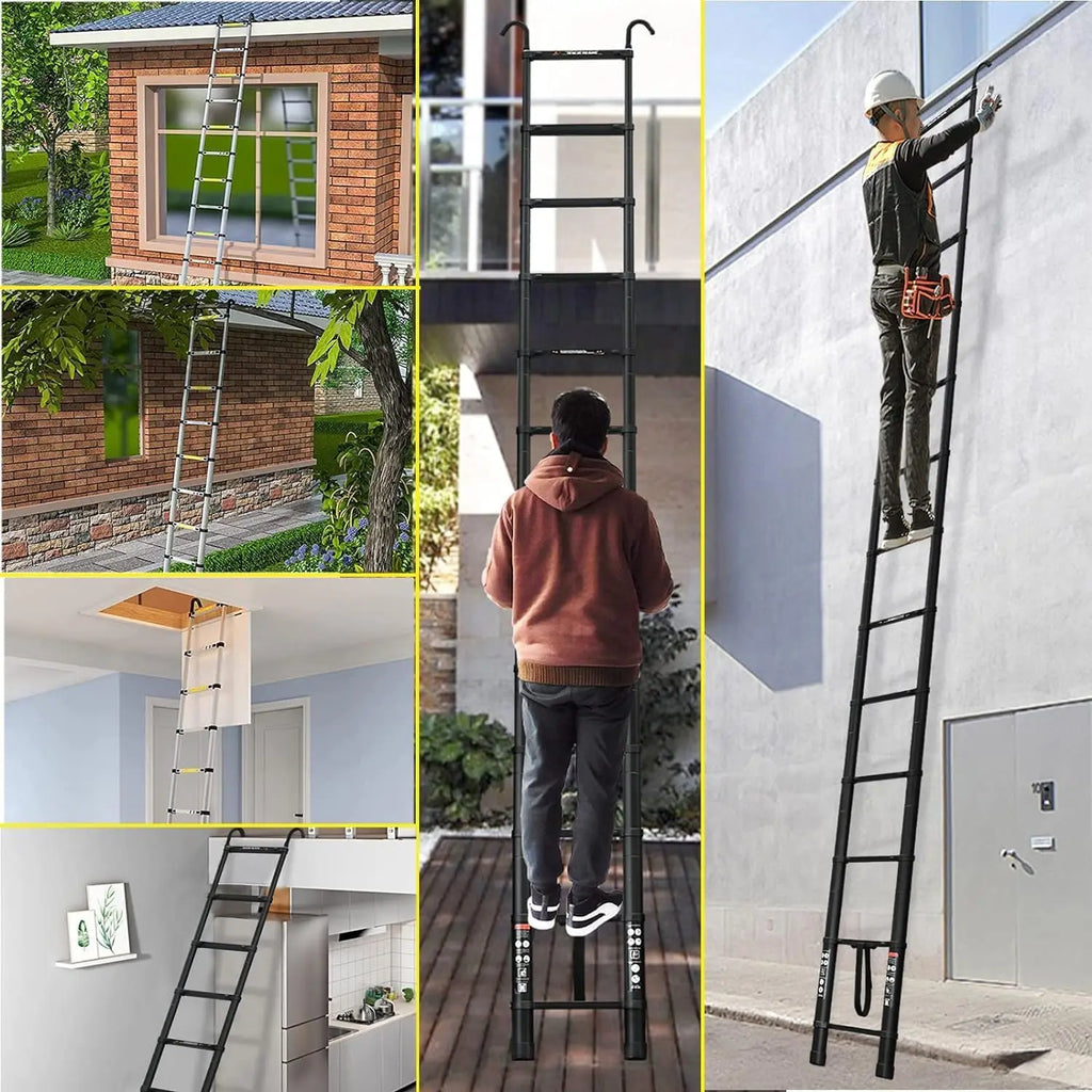 Stronger Black Telescopic Ladders 10.5FT-20.3FT Folding Aluminium with Detachable Hooks Extendable Steps Non-Slip Home Tool