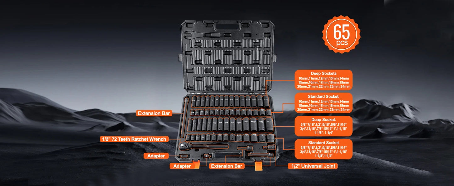 1/2" Drive Impact Socket Set - Cr-V Alloy Steel