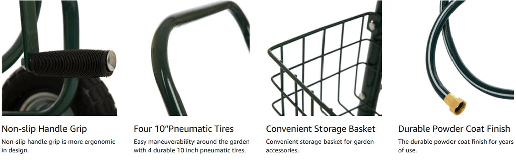 Heavy-Duty Movable Steel Gaeden Tool Cart Garden Hose Reel Cart With Basket Amd 4 Wheels For Garden Watering