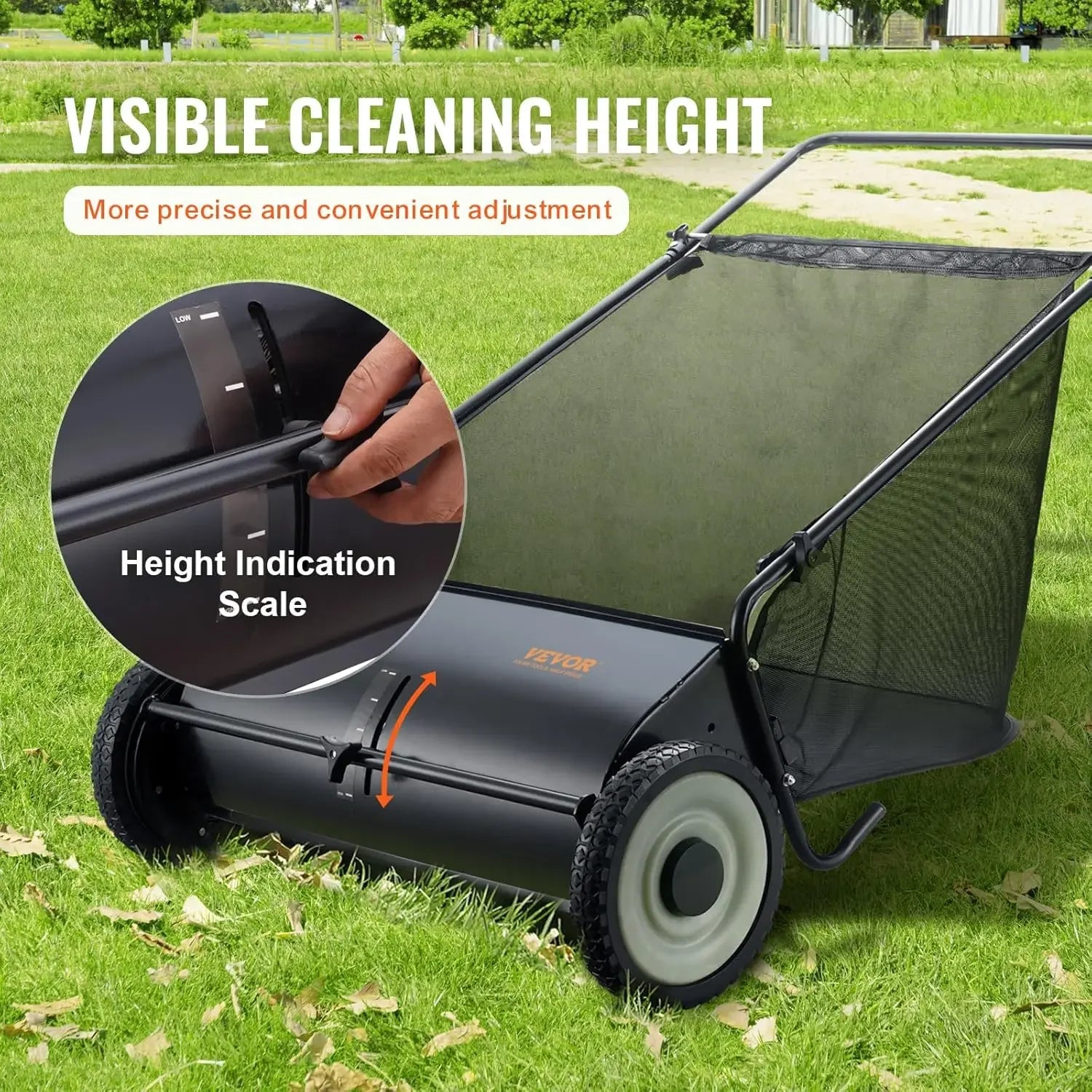 Push Lawn Sweeper, 26 Inch Leaf & Grass Collector, Strong Rubber Wheels & Heavy Duty Thickened Steel Durable to Use