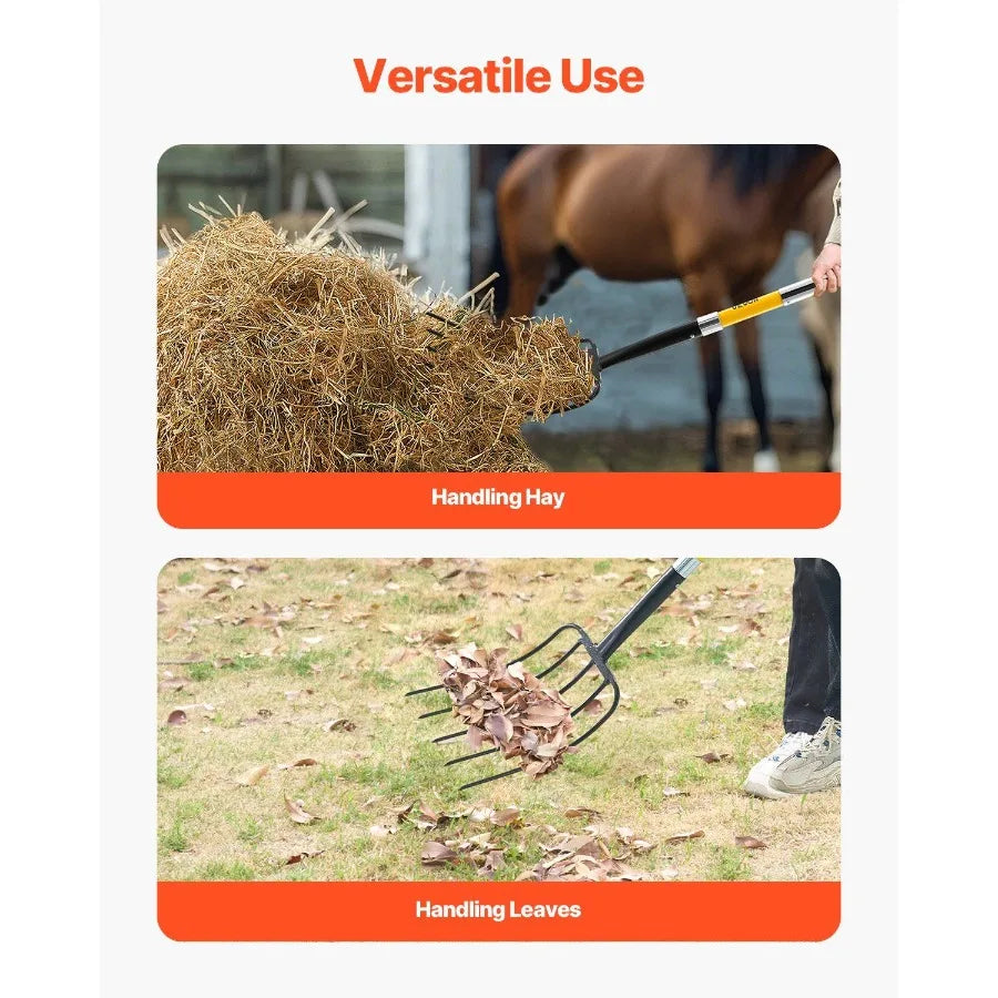 5 Tines Garden Fork Fiberglass Handle 57 in Digging Spading Pitchfork Heavy Duty