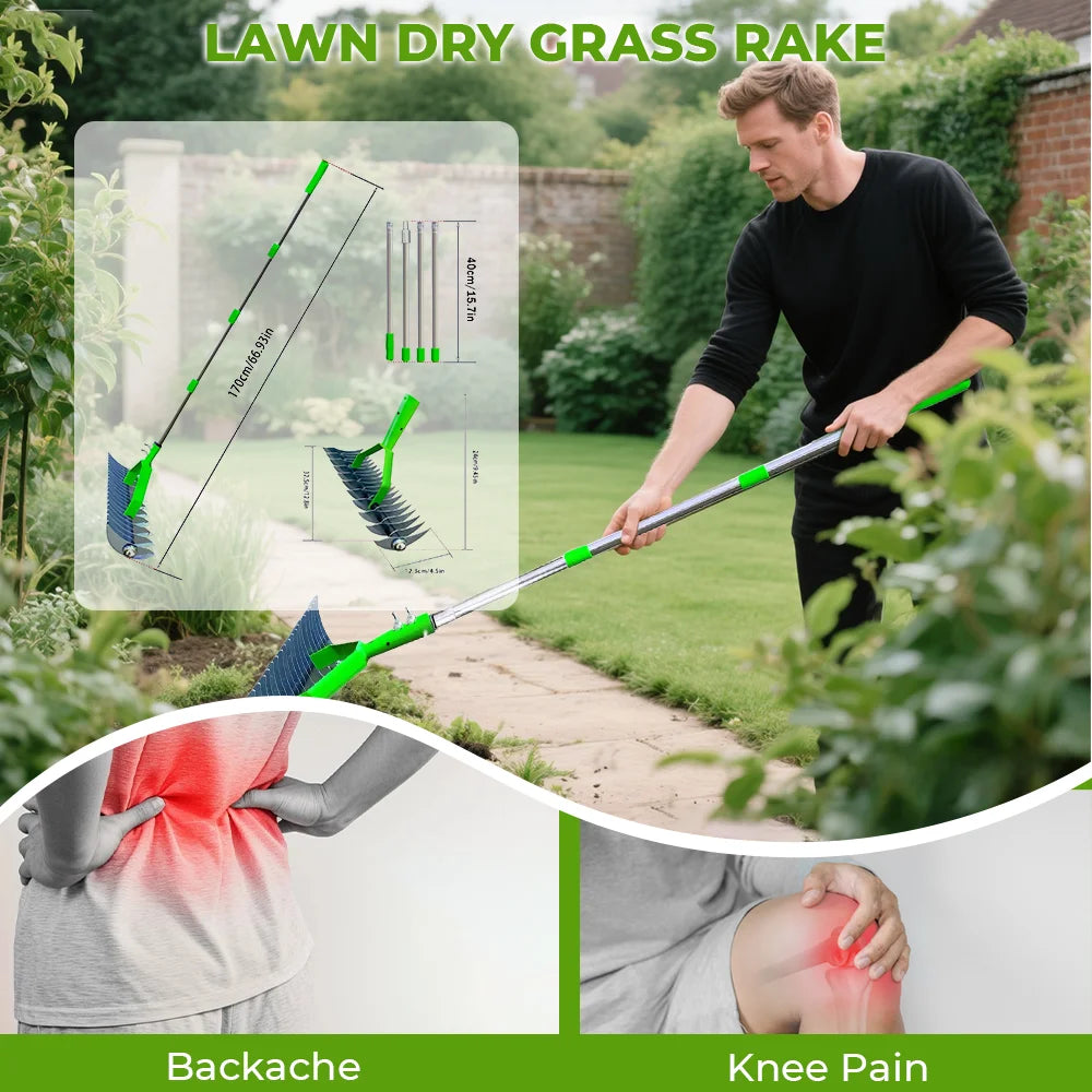 Thatch Rake for Lawn Care Detachable Dethatching Rake Garden Leaf Rake Soil Cultivator Lawn Aerator Tool with Adjustable Handle