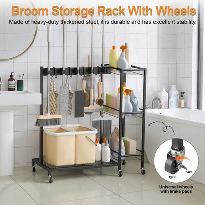 3-Tier Rolling Broom & Mop Storage Rack with Brakes