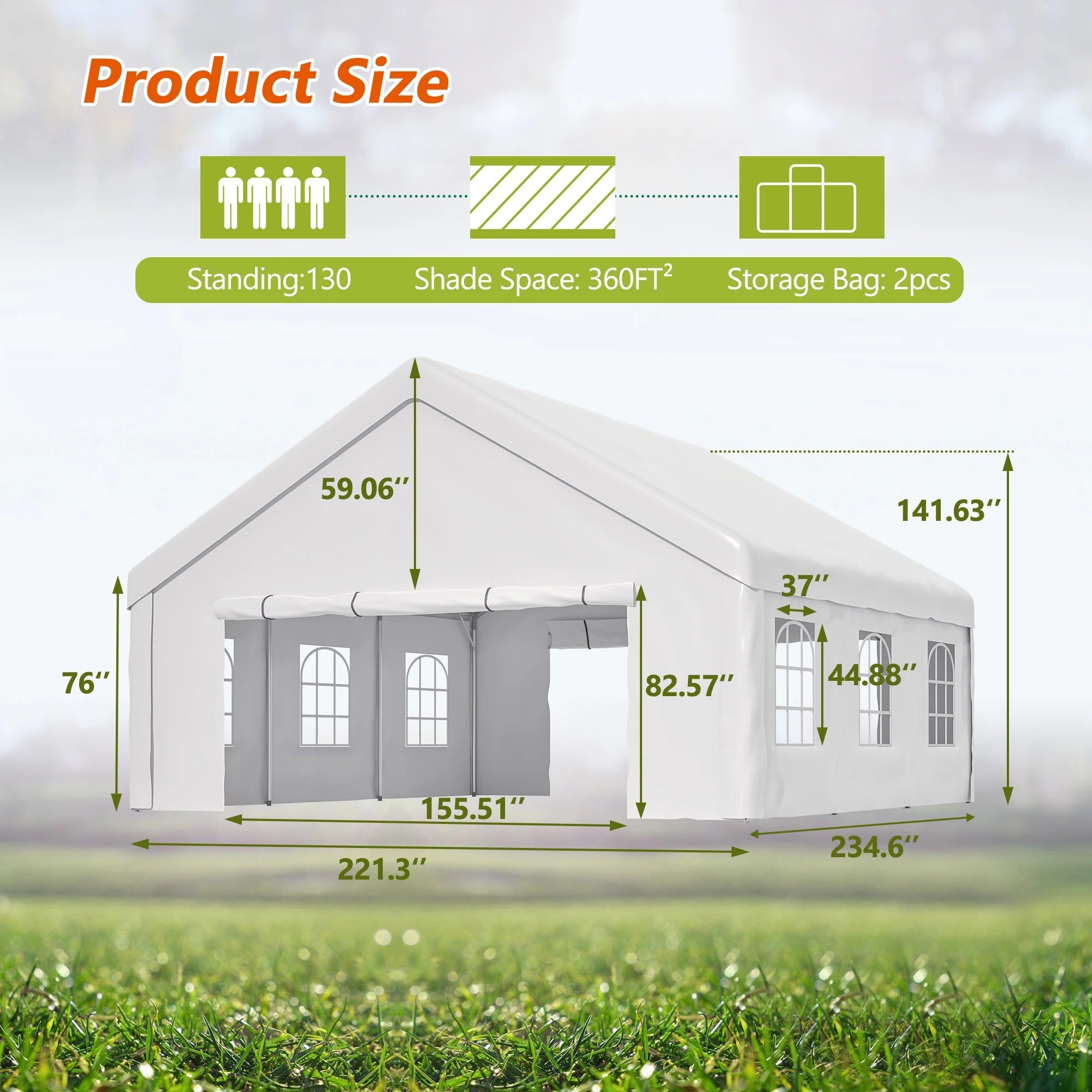 20x20FT Party Tent with 2 Storage Bags & Removable Sidewalls, Outdoor Canopy for Wedding, BBQ, Camping, Commercial Use