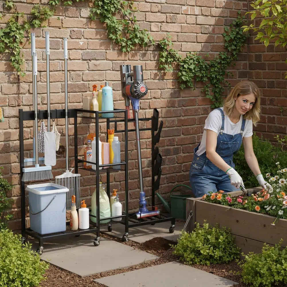 3-Tier Rolling Broom & Mop Storage Rack with Brakes