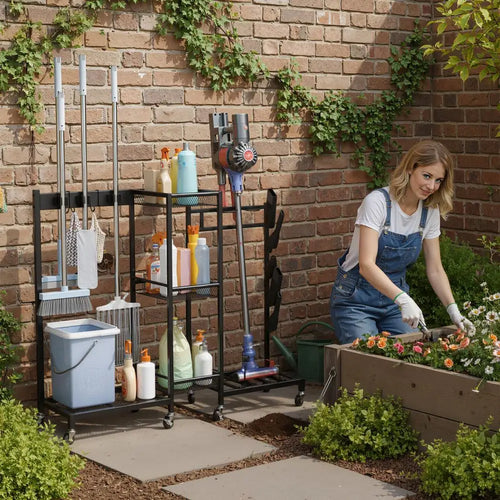 3-Tier Rolling Broom & Mop Storage Rack with Brakes