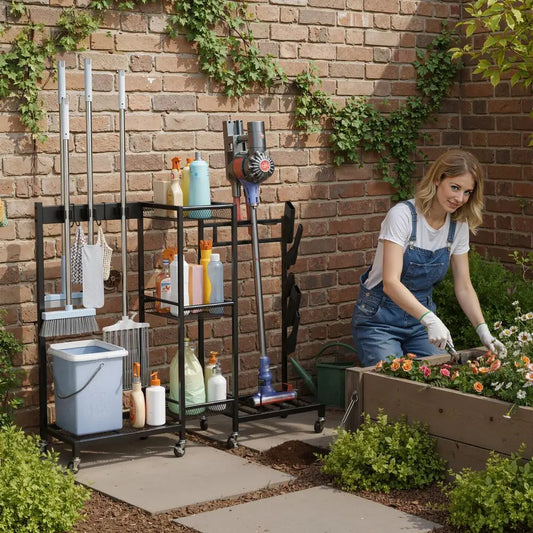 3-Tier Rolling Broom & Mop Storage Rack with Brakes