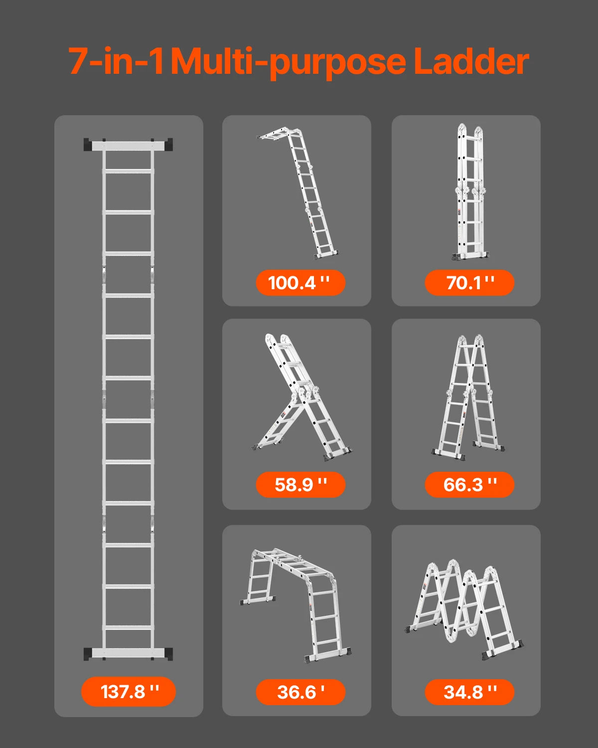 Multi-Purpose Folding Ladder 7-in-1 Tall Step Ladder A Frame Adjustable Telescoping for Household Outdoor Work