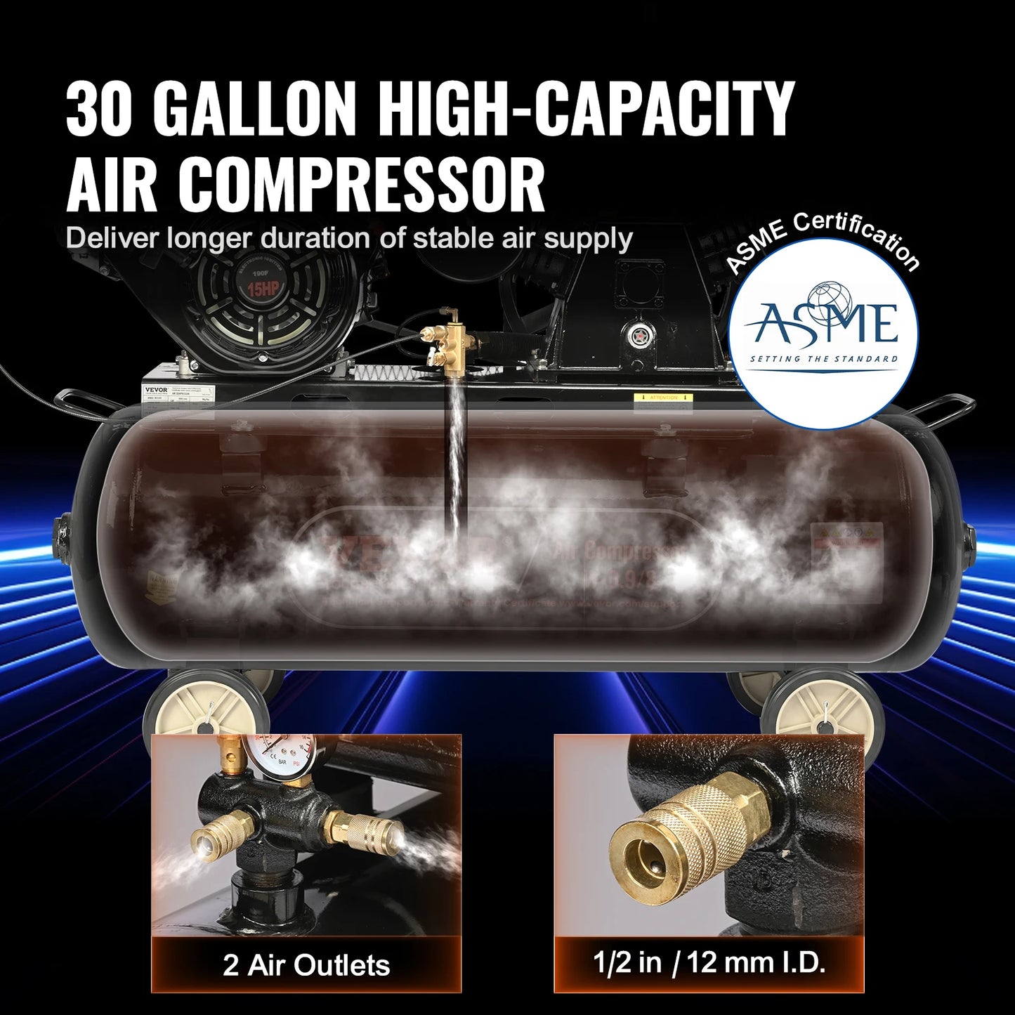 Gas Air Compressor 7-15 HP, 10-30 Gallon, 115 PSI