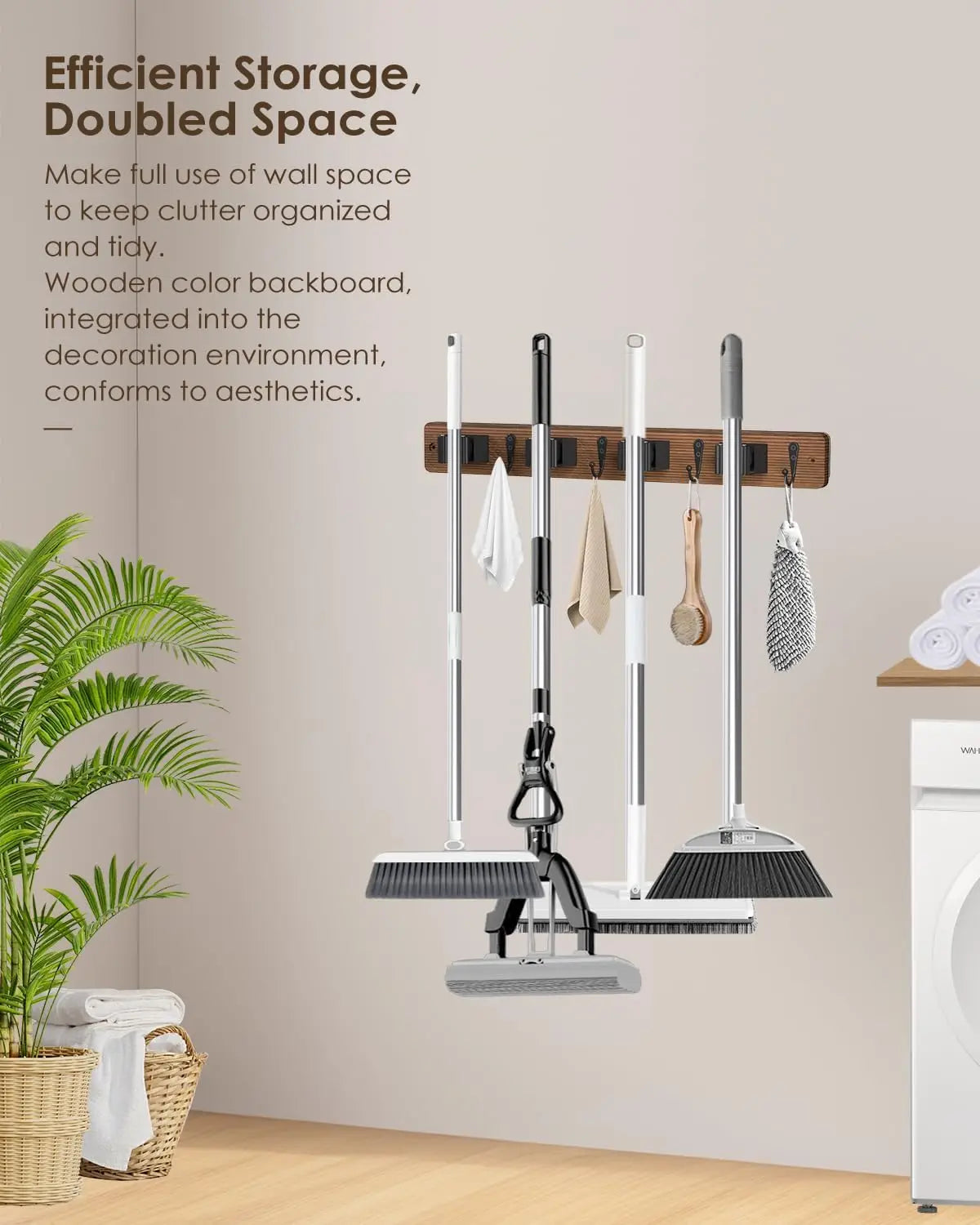 Wooden Broom Holder Wall Mount - 4 Holders 4 Hooks