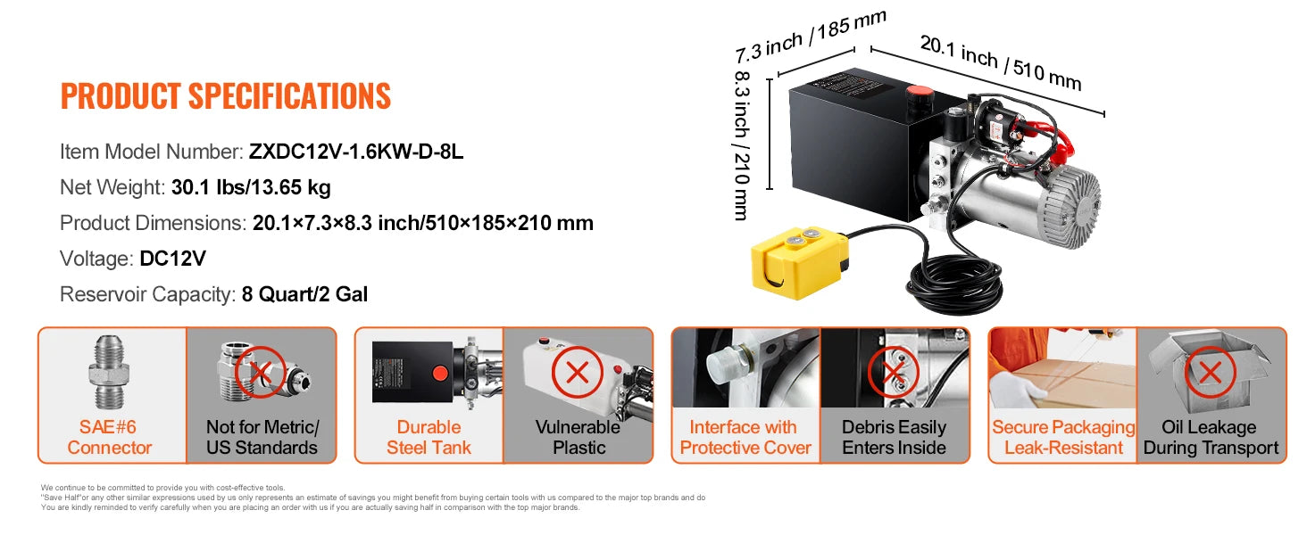 Hydraulic Pump 4-20 Quart Dump Trailer Pump Single Acting Dump Trailer Pump DC 12V Hydraulic Power Unit for Car Lifting