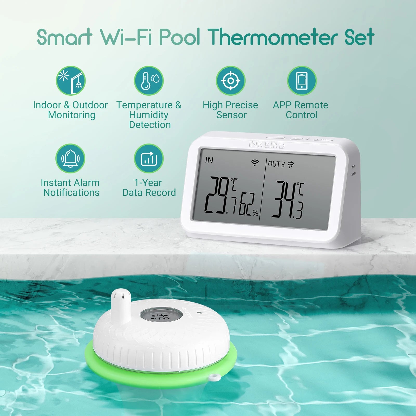 2nd-Gen Wireless Pool Thermometer with IBS-M2 Wifi Gateway Combo Waterproof Digital Floating Thermometer for Spa Pond