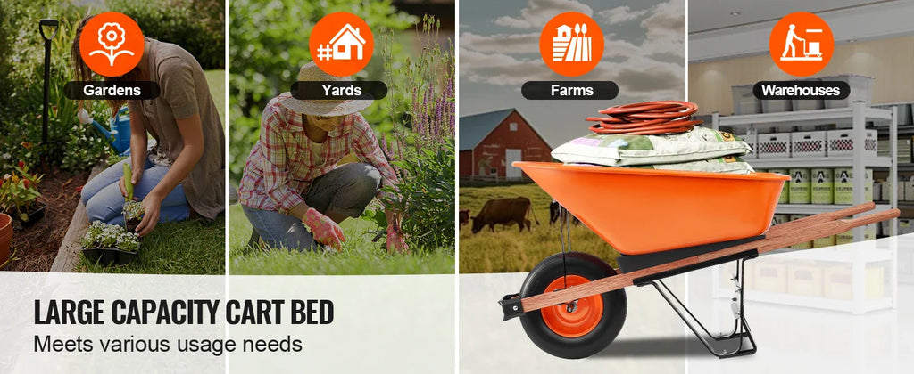 Wheelbarrow Cart 330lbs Capacity One Wheel Garden Dump Cart Wheel Barrow with Handle &  16"  Wide Track Wheels for Farm