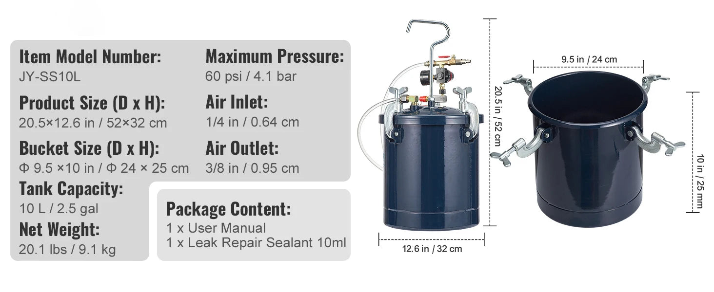 10L Spray Paint Pressure Pot Tank Air Paint Pressure Pot Metal Rack Leak Repair Sealant for Industry Home Construction