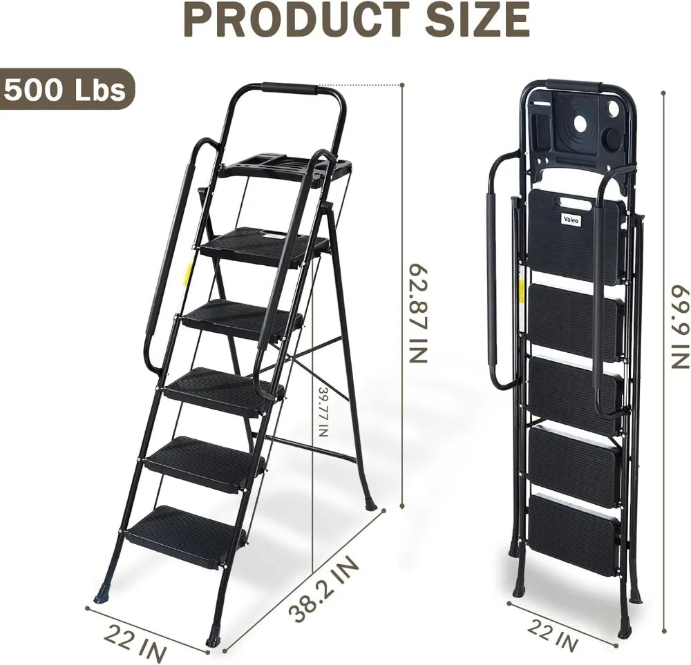 5 Step Folding Ladder with Handrails, 500 Lbs Capacity, Anti-Slip Pedals & Tool Platform for Home Kitchen Office