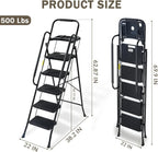 5 Step Folding Ladder with Handrails, 500 Lbs Capacity, Anti-Slip Pedals & Tool Platform for Home Kitchen Office