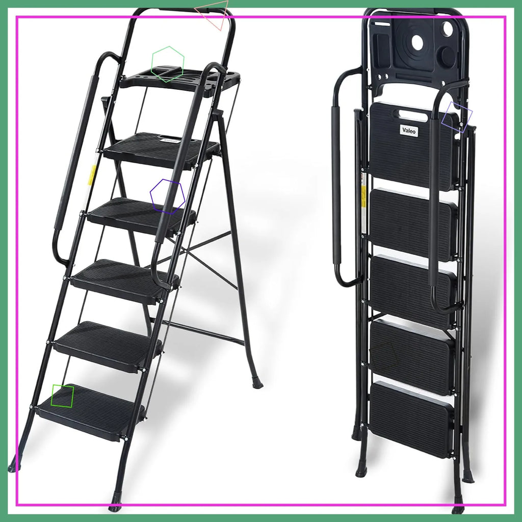 5 Step Folding Ladder with Handrails, 500 Lbs Capacity, Anti-Slip Pedals & Tool Platform for Home Kitchen Office