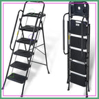 5 Step Folding Ladder with Handrails, 500 Lbs Capacity, Anti-Slip Pedals & Tool Platform for Home Kitchen Office