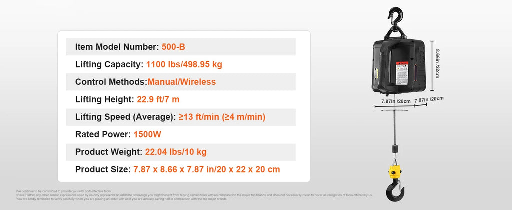 1100 lbs Electric Hoist Winch 1500W Portable Power Crane with Wireless Remote Control for Warehouse Factory Lifting