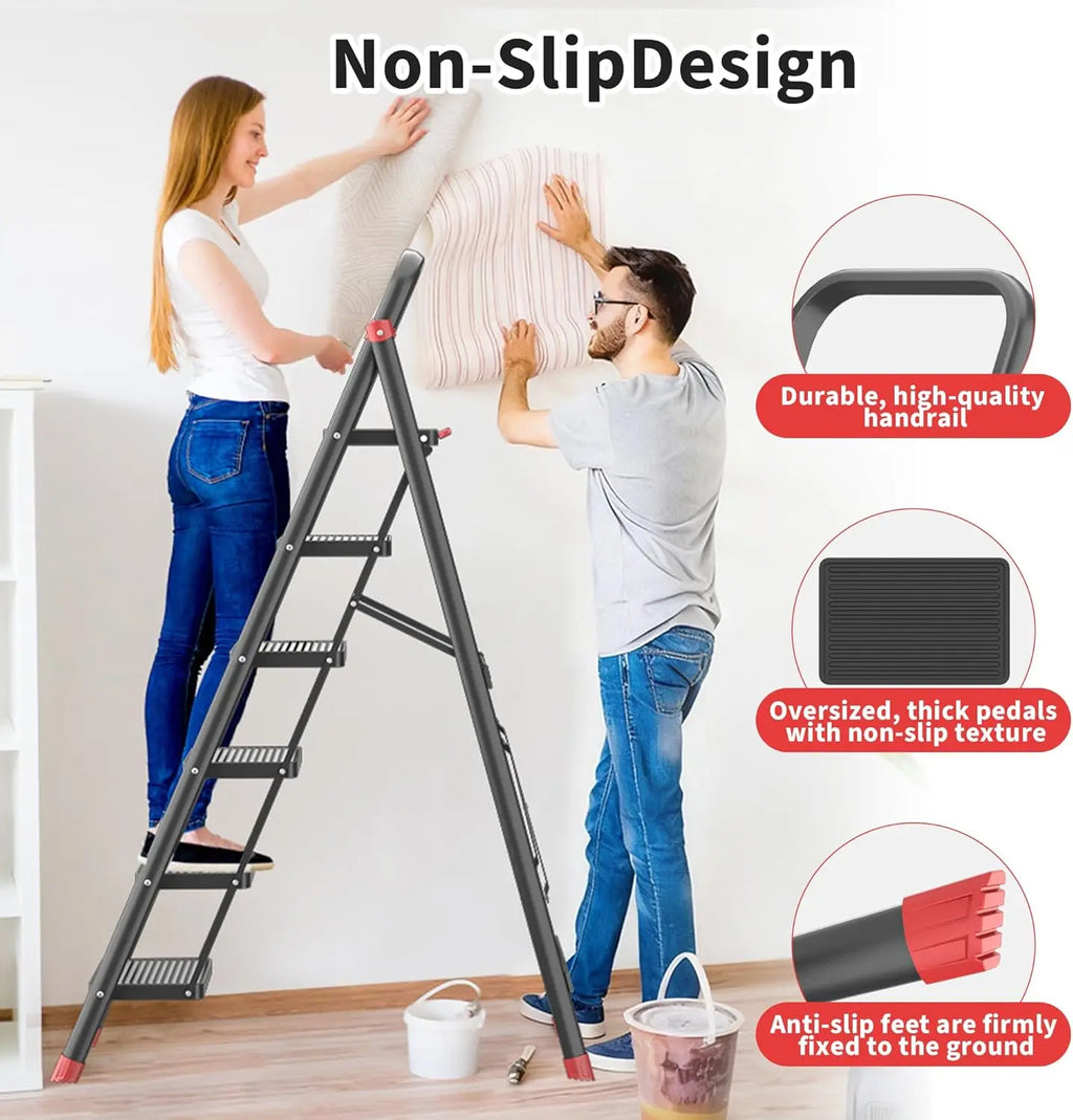 6-Step Foldable Step Ladder Stool with Handle, Anti-Slip Wide Pedals & Feet, 800lbs Capacity, Sturdy Stepstool Folding for Adult