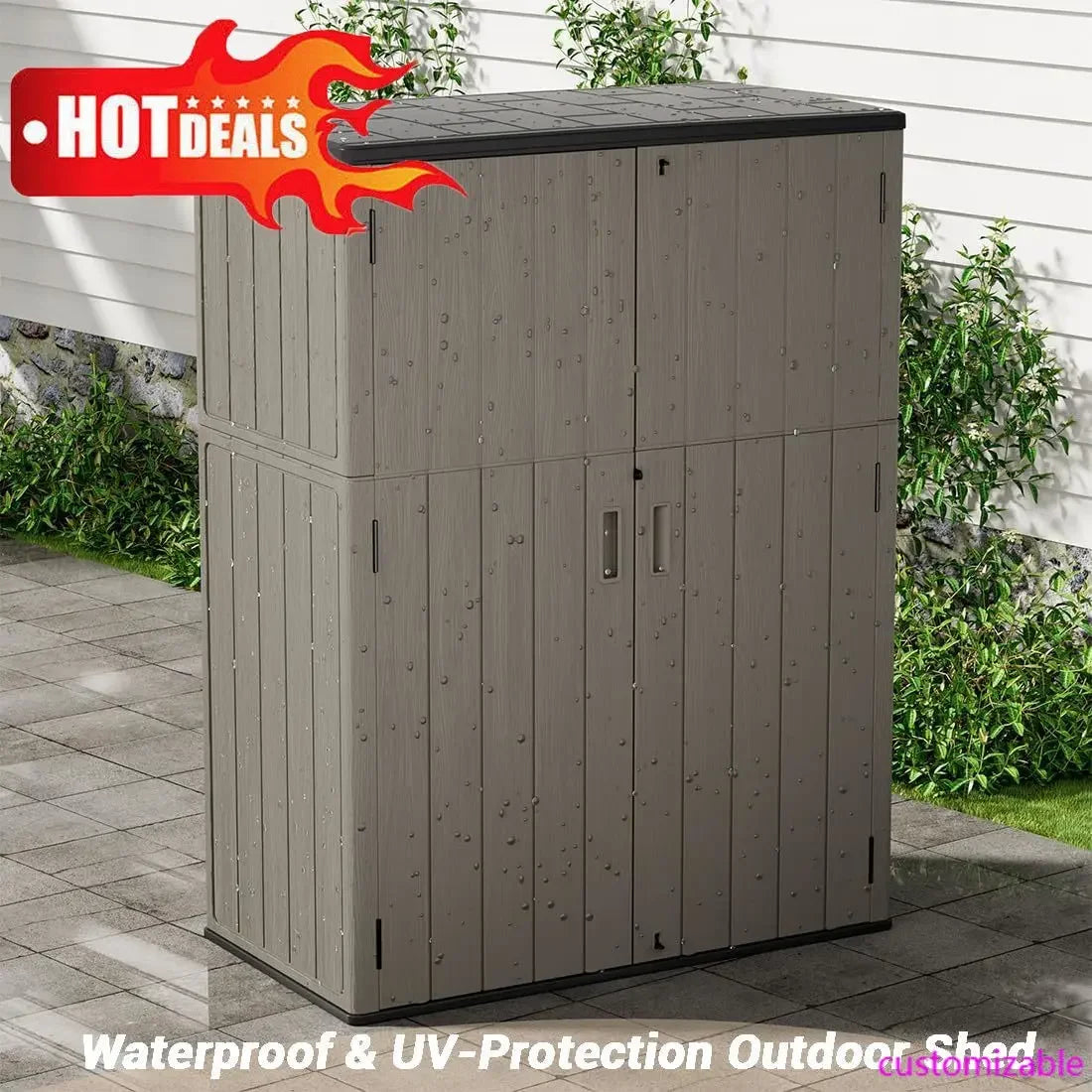 Vertical Outdoor Storage Cabinet Waterproof, Outdoor Resin Tool Shed for Patio Furniture (Coffee Color)