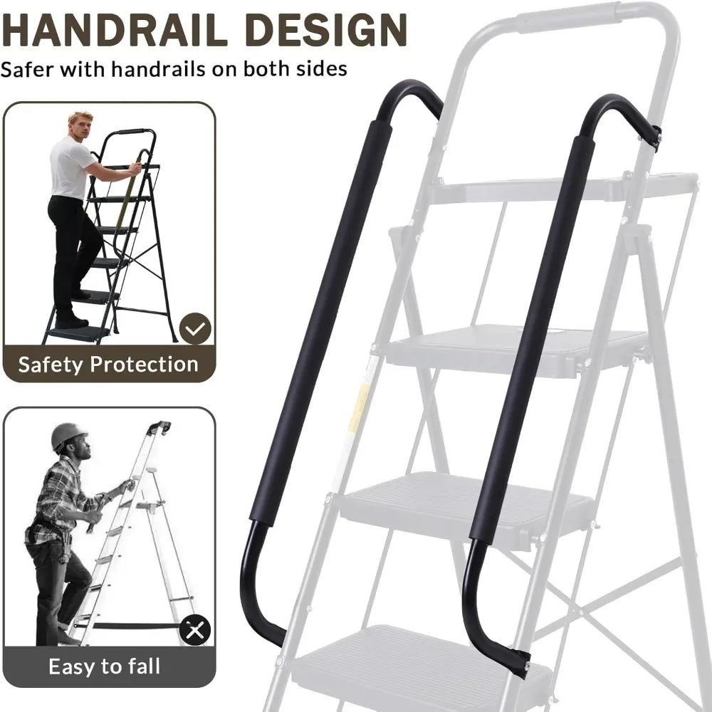 5 Step Folding Ladder with Handrails, 500 Lbs Capacity, Anti-Slip Pedals & Tool Platform for Home Kitchen Office