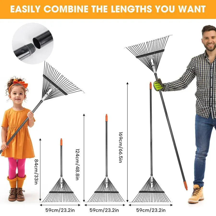 HRC Steel Gardening Leaf Rake, 24 Tines 23.2 Wide,Adjustable Split Long Handle 3367,Suitable for Raking Leaves and Lawn Tidying,