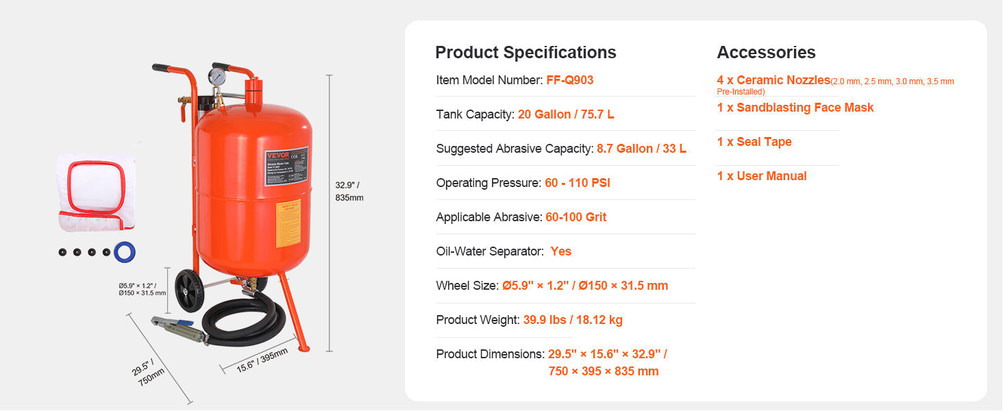 5/10/20 Gallon Sand Blaster 60-110 PSI Portable Air Sandblaster Kit w/ Oil-Water Separator for Paint Stain Rust Removal