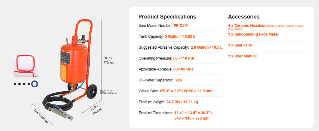 5/10/20 Gallon Sand Blaster 60-110 PSI Portable Air Sandblaster Kit w/ Oil-Water Separator for Paint Stain Rust Removal