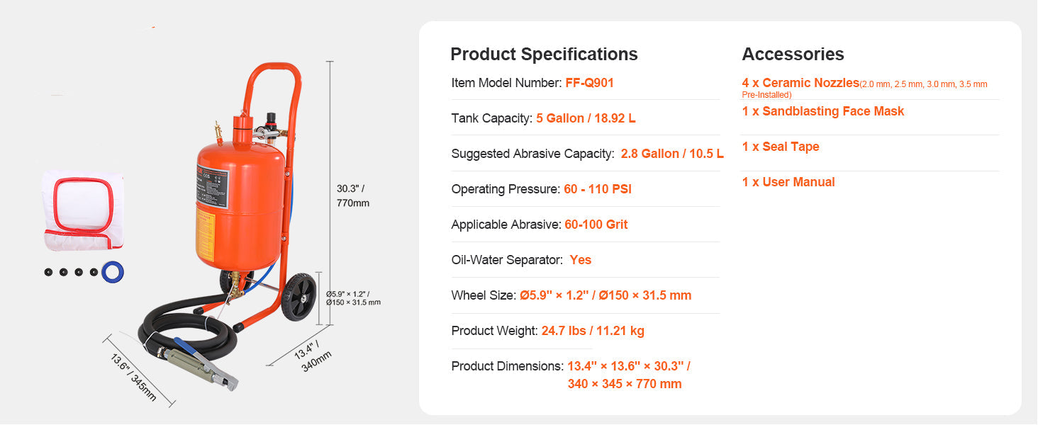 5/10/20 Gallon Sand Blaster 60-110 PSI Portable Air Sandblaster Kit w/ Oil-Water Separator for Paint Stain Rust Removal