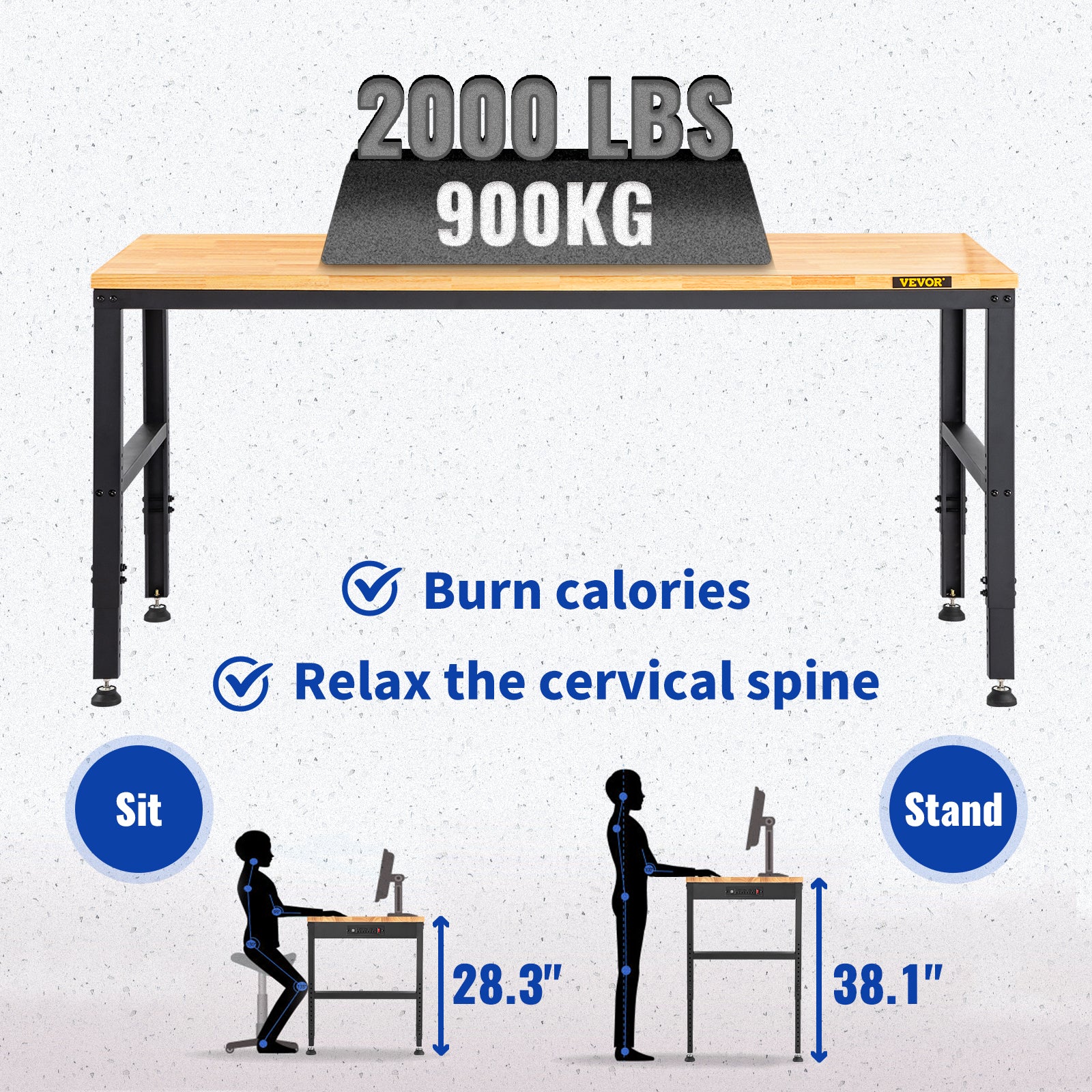 2000 lbs Adjustable Garage Workbench 48/61" L x 20" W Work Table with 28.3"-38.1" Height & Hardwood Top for Office Home