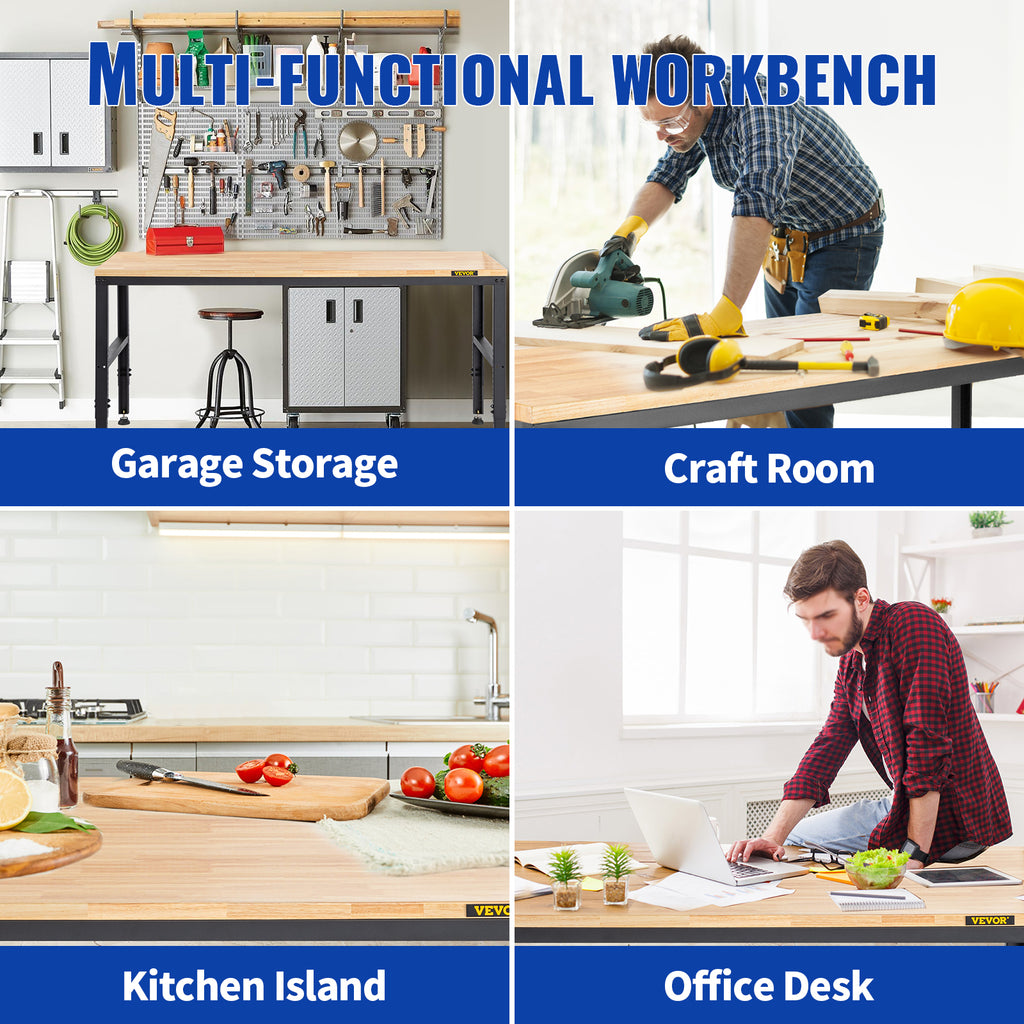 2000 lbs Adjustable Garage Workbench 48/61" L x 20" W Work Table with 28.3"-38.1" Height & Hardwood Top for Office Home