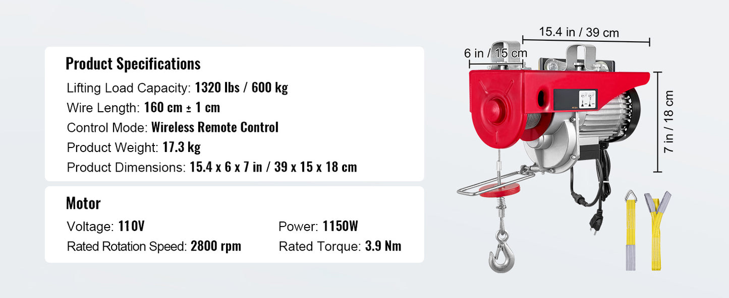 Electric Cable Hoist Winch 1320-2200 lbs with Remote