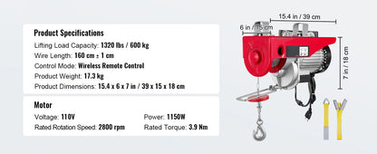 Electric Cable Hoist Winch 1320-2200 lbs with Remote