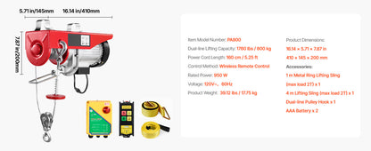 Electric Cable Hoist Winch 1320-2200 lbs with Remote