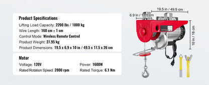 Electric Cable Hoist Winch 1320-2200 lbs with Remote