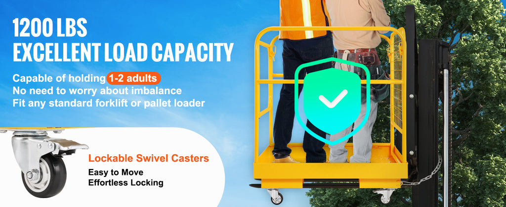 1200lbs Forklift Safety Cage Folding Security Platform with Lockable Swivel Wheels Holds 1 to 2 Adults for Aerial Work