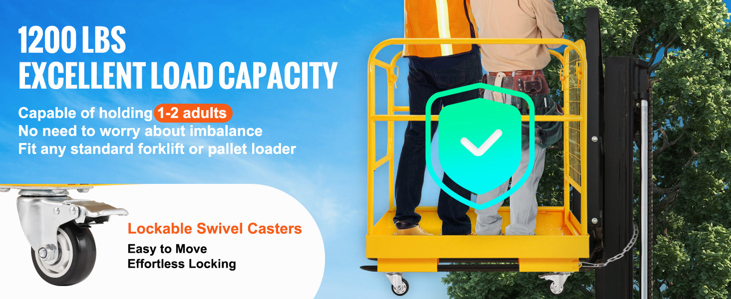 1200lbs Forklift Safety Cage Folding Security Platform with Lockable Swivel Wheels Holds 1 to 2 Adults for Aerial Work