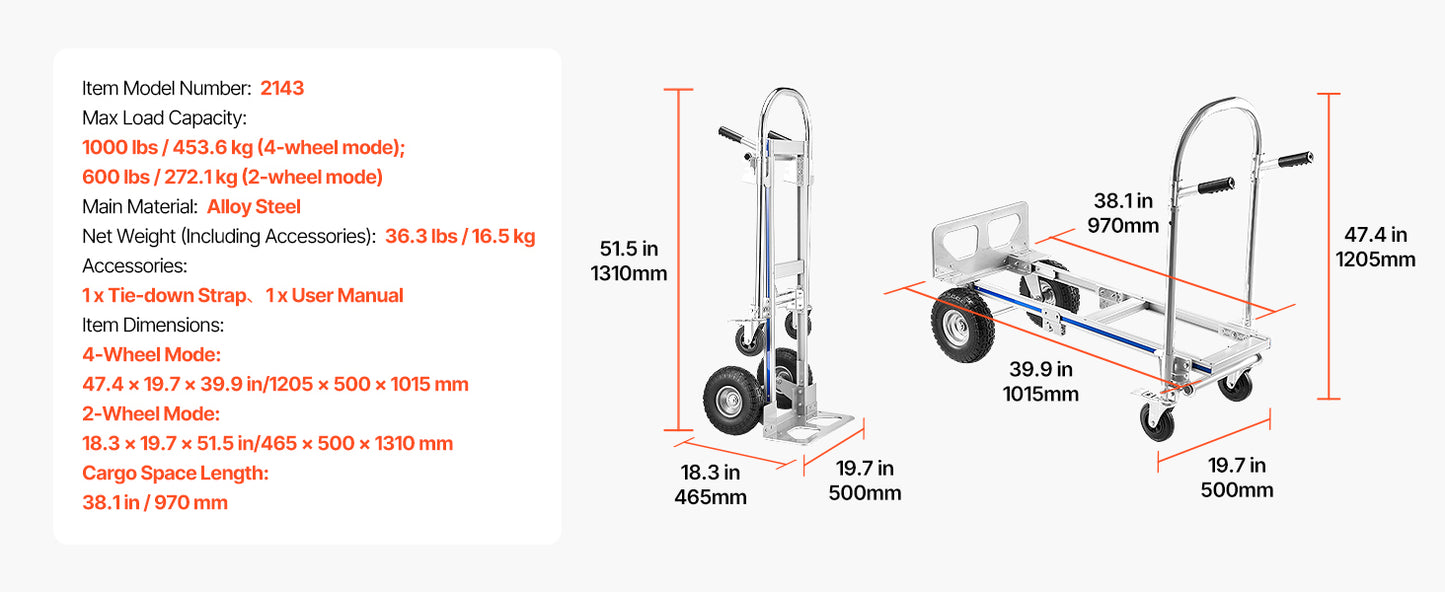 2-in-1 Convertible Hand Truck Dolly 1000 lbs