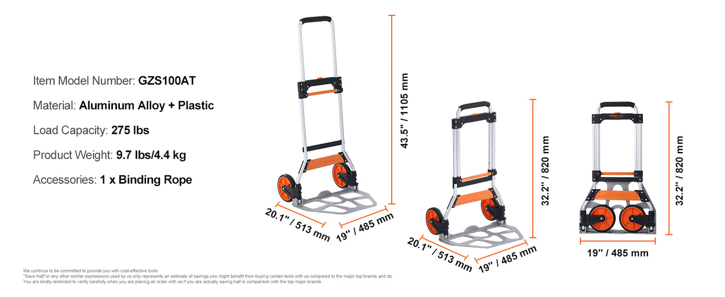 Folding Hand Truck 176-309 lbs with Telescoping Handle