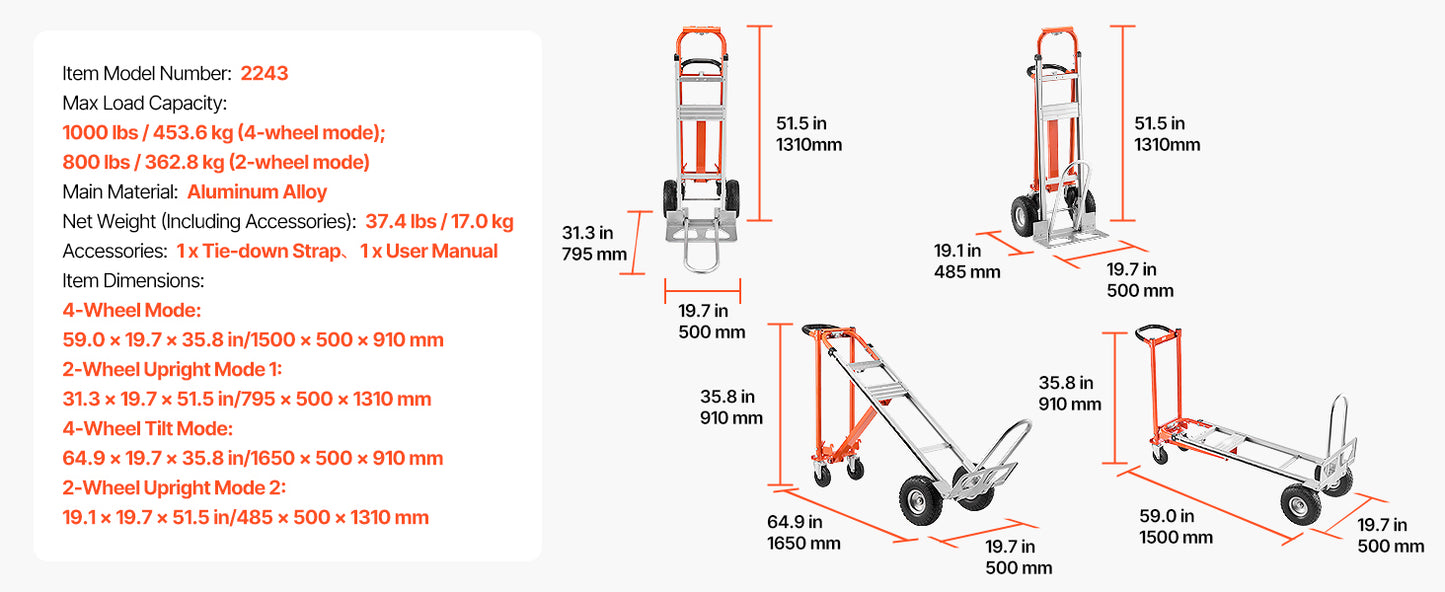 4-in-1 Aluminum Hand Truck Dolly 1000 lbs
