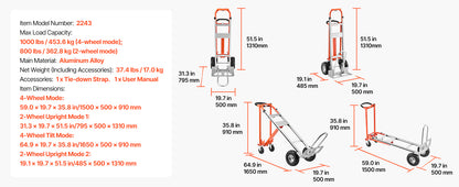 4-in-1 Aluminum Hand Truck Dolly 1000 lbs
