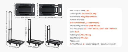 Folding Hand Truck 500 lbs with 6 Wheels & Ropes