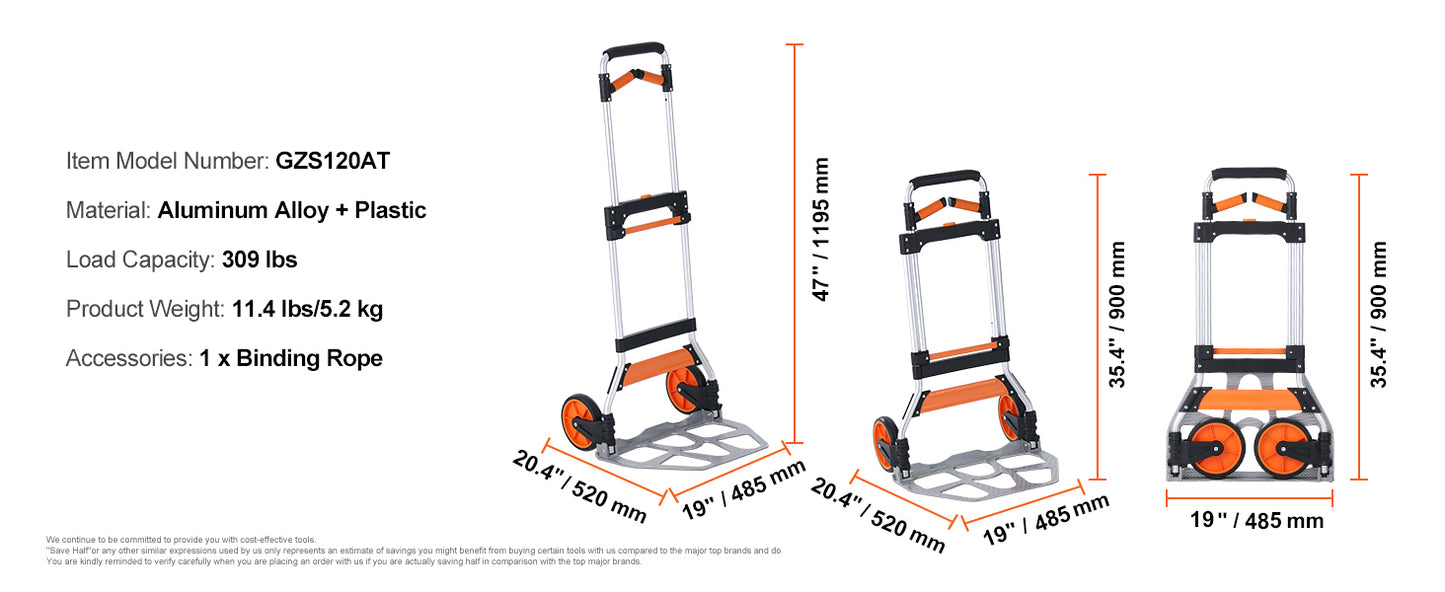 Folding Hand Truck 176-309 lbs with Telescoping Handle