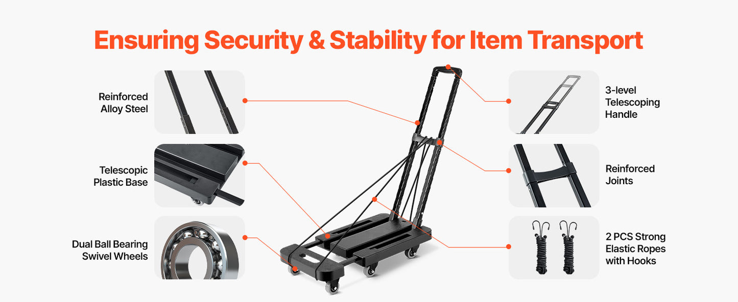 Folding Hand Truck 500 lbs with 6 Wheels & Ropes