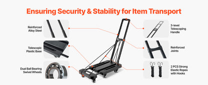 Folding Hand Truck 500 lbs with 6 Wheels & Ropes