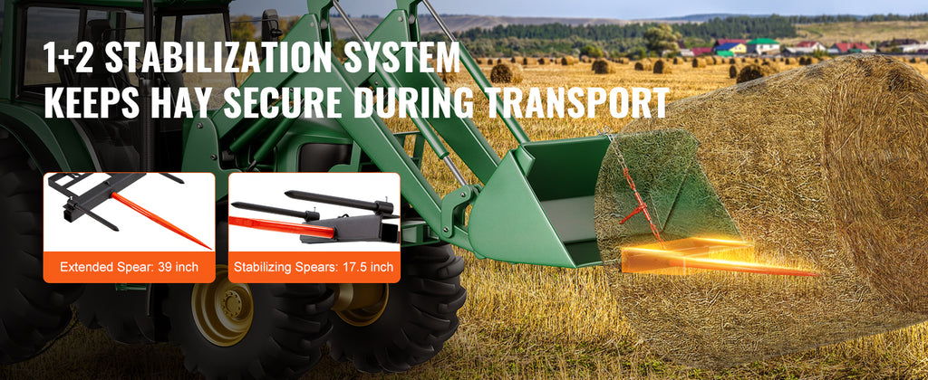 39" Hay Spear Bale Spears 1600lbs Loading Capacity Skid Steer Loader Tractor Bucket Attachment with 17.5" Stabilizer