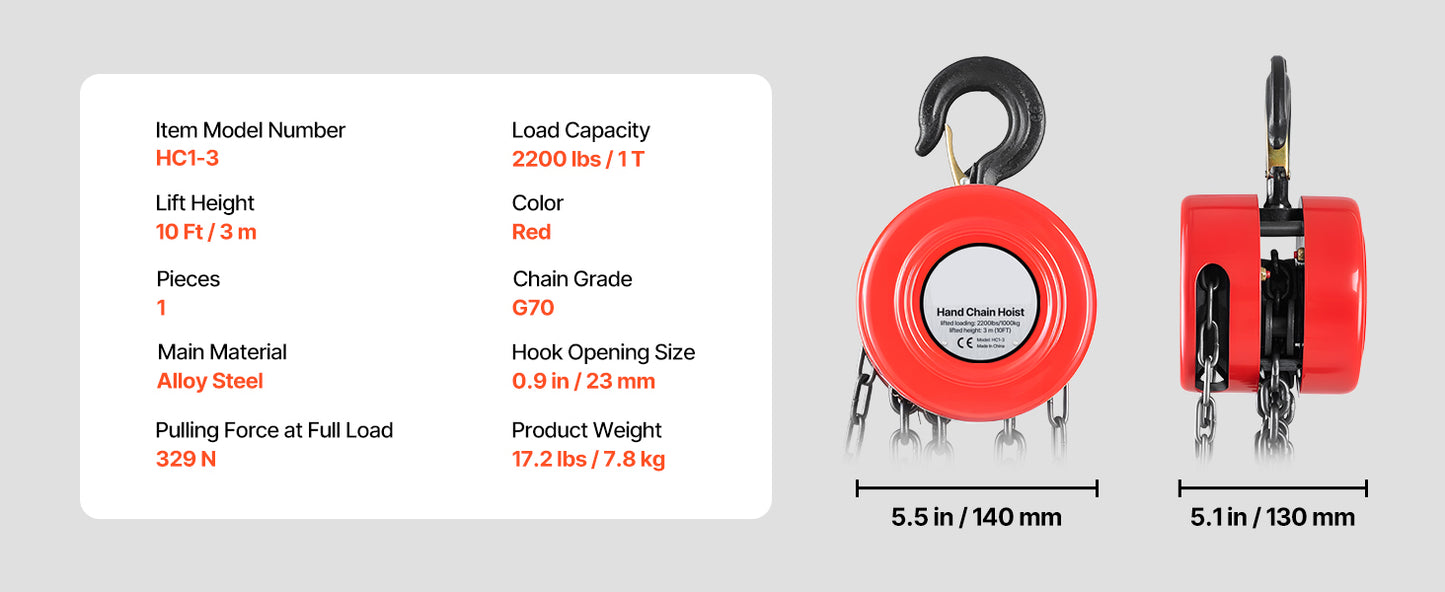 1T/2T Manual Chain Hoist with 8-20 ft Lift Height