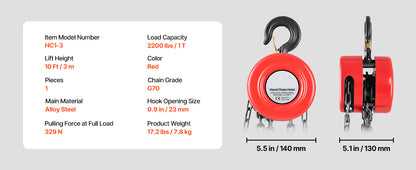 1T/2T Manual Chain Hoist with 8-20 ft Lift Height
