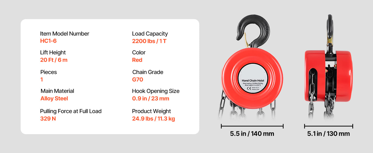 1T/2T Manual Chain Hoist with 8-20 ft Lift Height